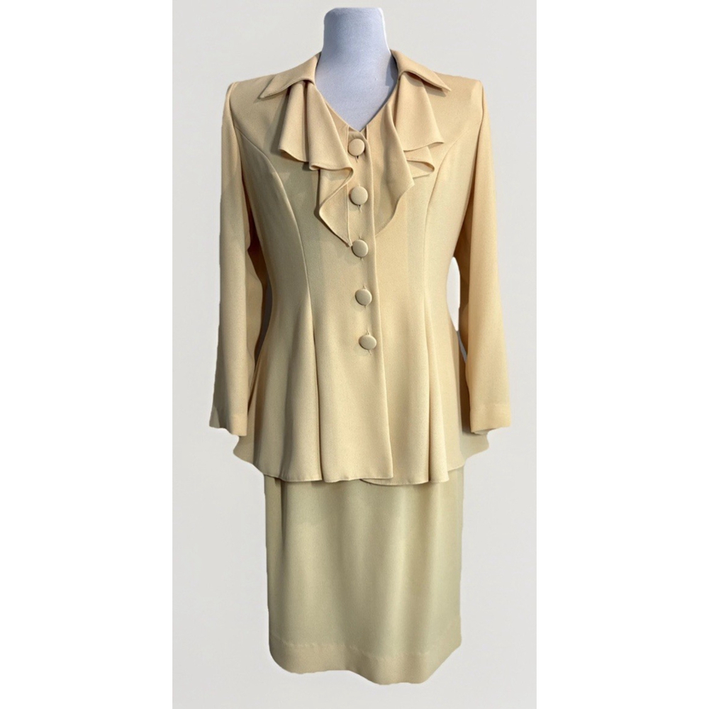 Warren Petites Yellow Jacket & Skirt Suit 2pc Size 8 Ruffle V Neck Wedding